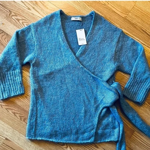 NWT Zara The Knitwear Collection Baby Blue Chunky Oversized Wrap Sweater - Picture 2 of 12